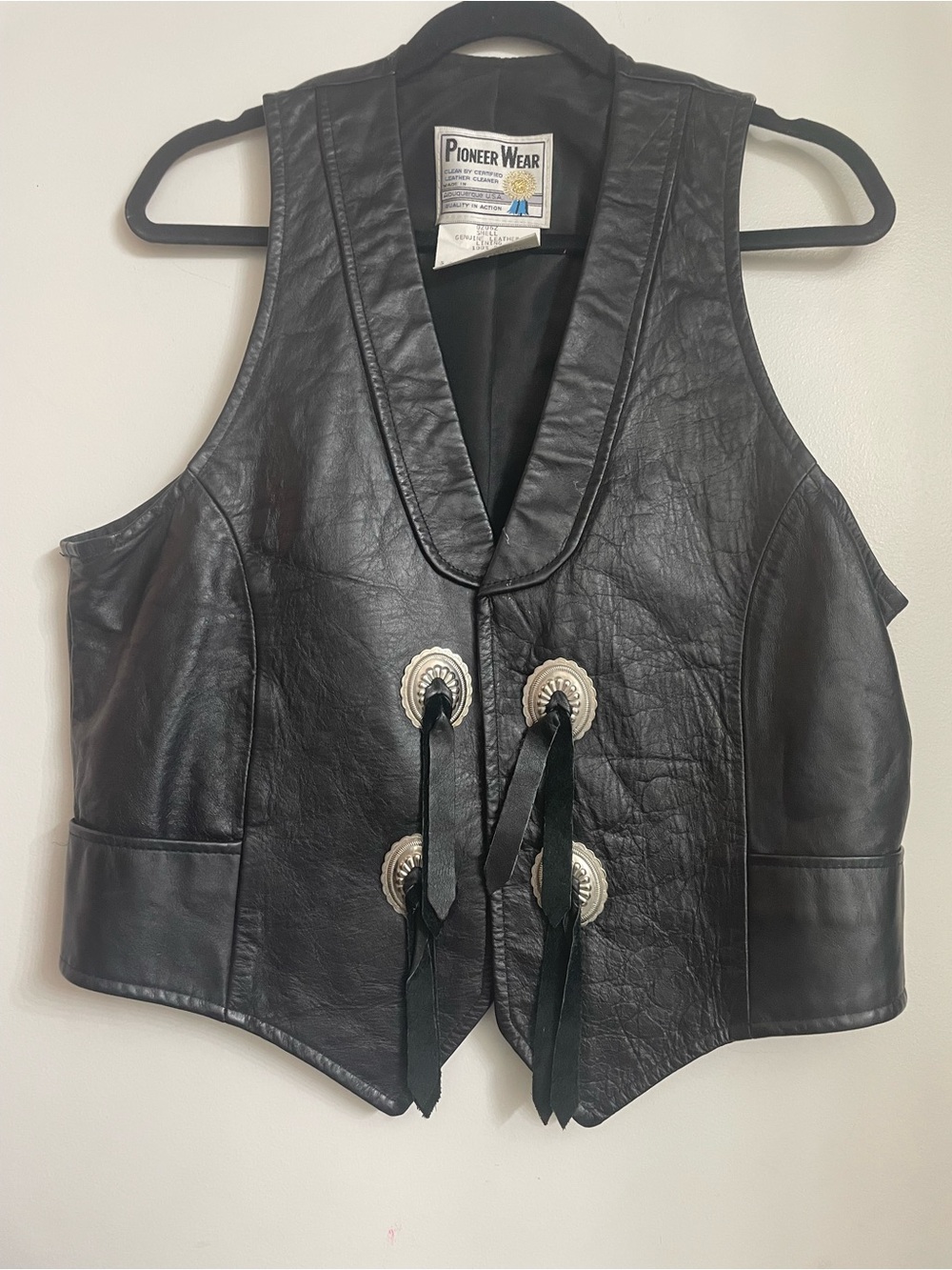 PIONEER Black Leather men’s Vest with Concho Tie Details